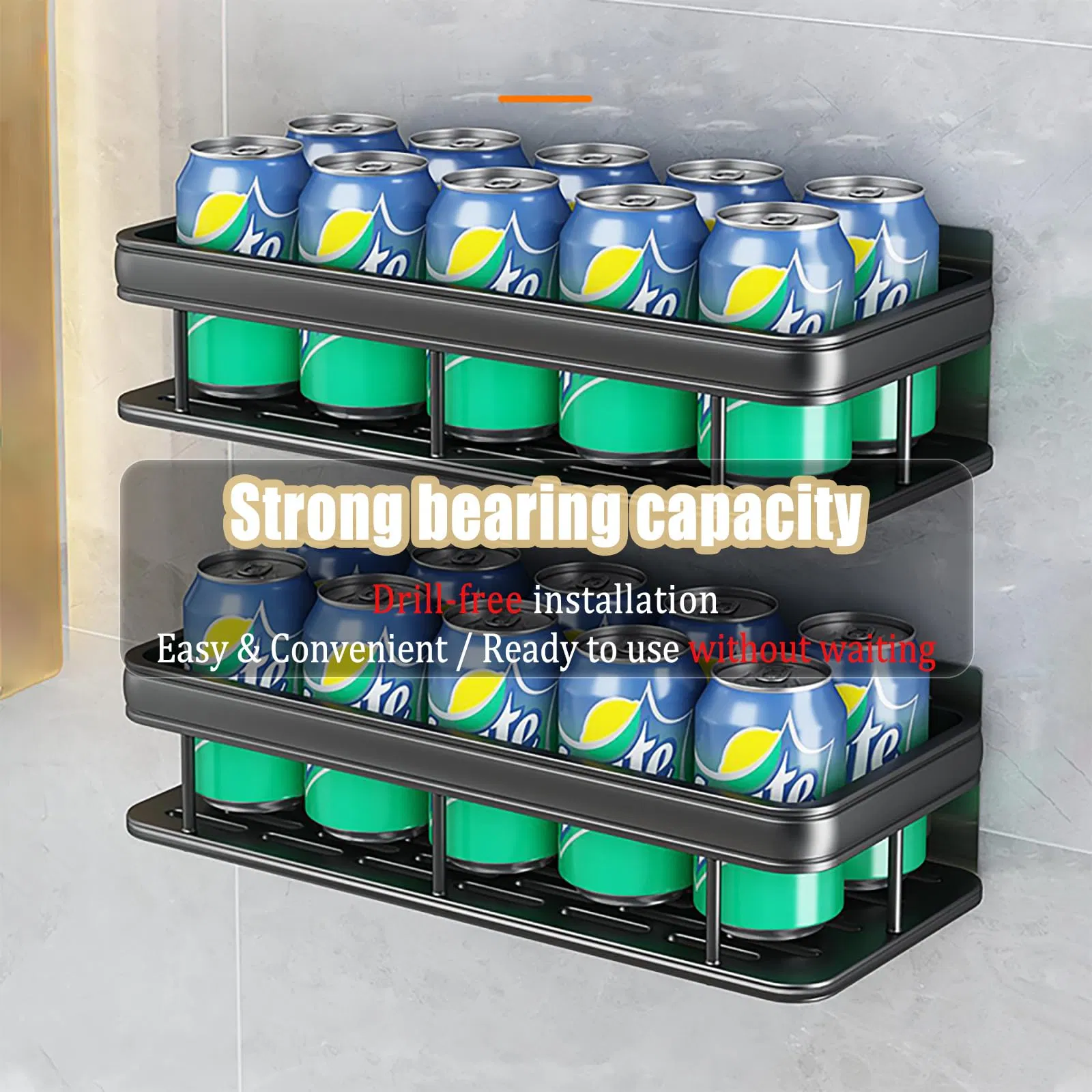 Aluminum Shower Caddy, Adhesive Shower Shelves, 2-Pack with Hooks and Rod for Towels, No Drill Wall Mount Rustproof Premium Organizer for Bathroom, Kitchen,