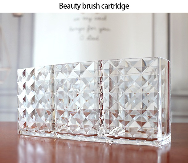 Clear Diamond Pattern 3 Section Cosmetic Make up Brush Holder Organizer