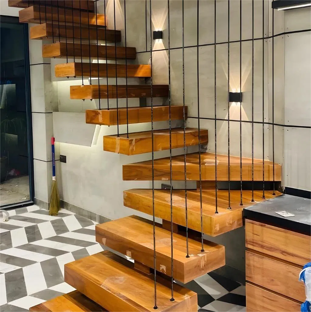 Modern DIY Installation Straight Wooden Floating Staircase with Built-in LED Step Lighting for Luxurious Apartment Interiors