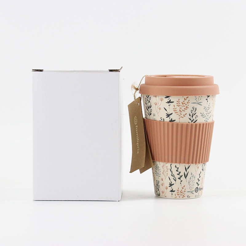 Bamboo Fiber Coffee Cup with Silicone Sleeve & Lid - Eco-Friendly Mug, Coffee Grounds Cup, European Style Customizable Cup