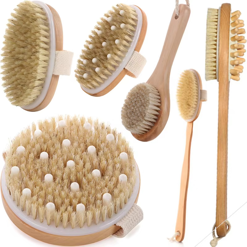 Bathroom Wooden Exfoliating Dry Bath Shower Brush Natural Cactus Bristle Body Clean Brush with Long Handle for Body Brushing