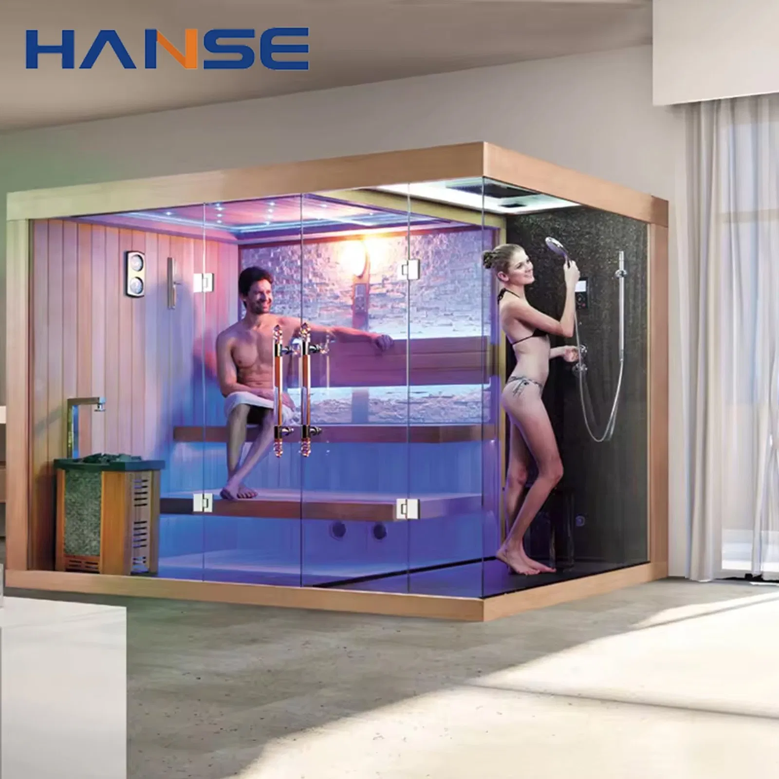 Customized Shower Wooden Steam Sauna Room Three Functions Sauna Shower Room with Tempered Glass Door