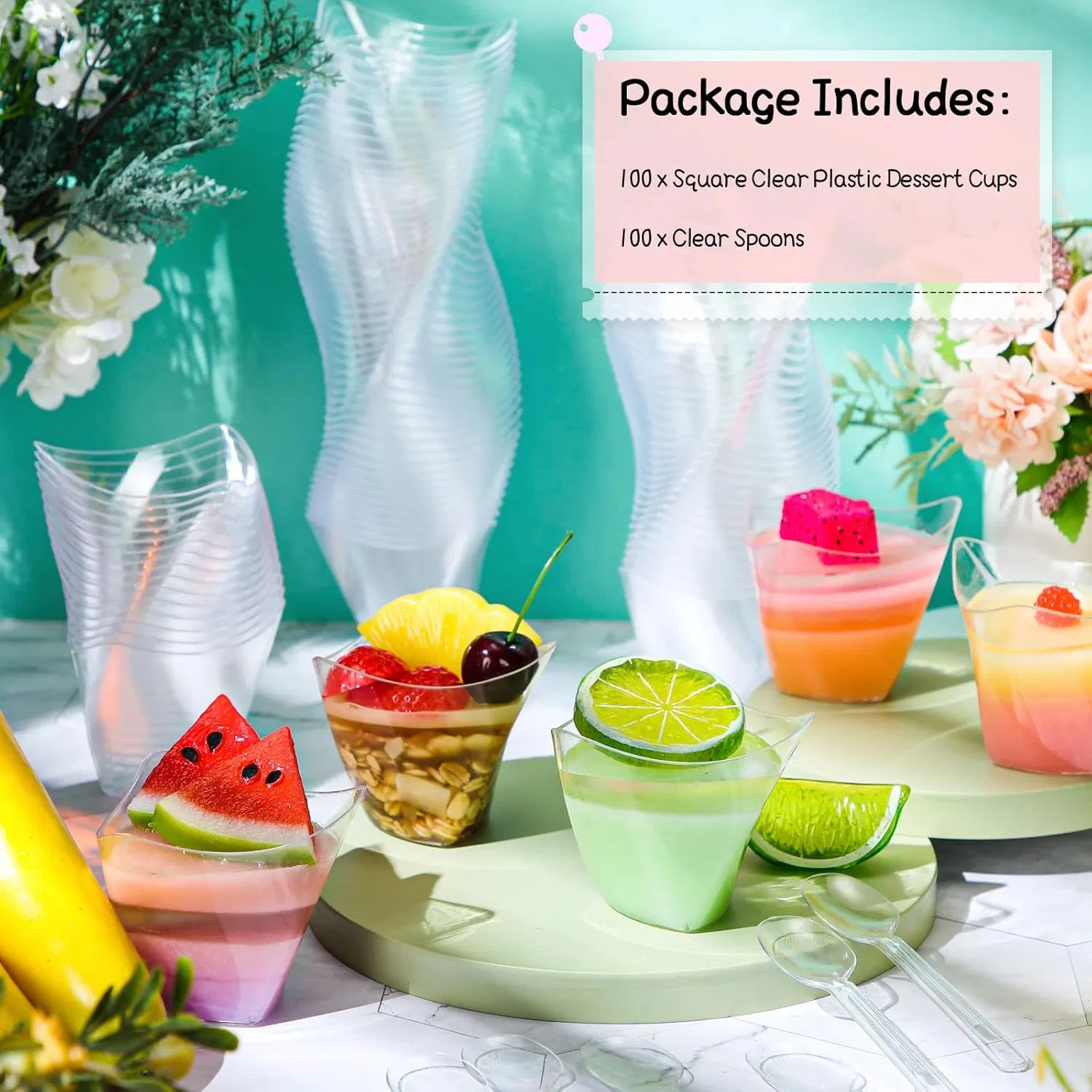 Disposable Plastic Dessert Cups 4.5 Oz Mini Clear Cups Spoons Triangular Parfait Appetizer Tumbler Mousse Fruit