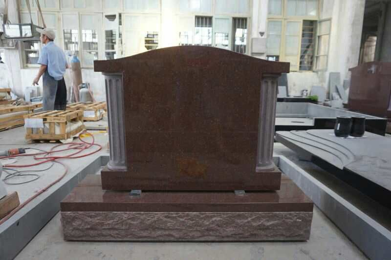 Customized India Red Granite Carving Tombstone Headstone Columnbarium, Slant Beveled Shape Markers Hand Carving, Machine Carving Memorial Monument Design
