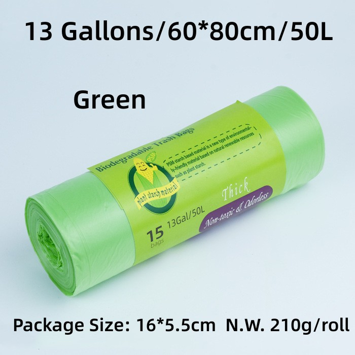 Biodegradable Trash Bag Garbage Bag, Household Garbage Bag, 13 Gallon=50L (60*80cm) , Unscented, Extra Thick Liner Bags 15PCS/Roll--Green