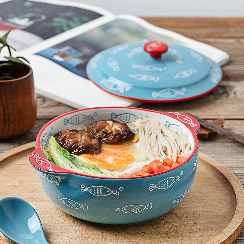 Ceramic Tableware Japanese Style with Double Ears Soup Noodle Bowl