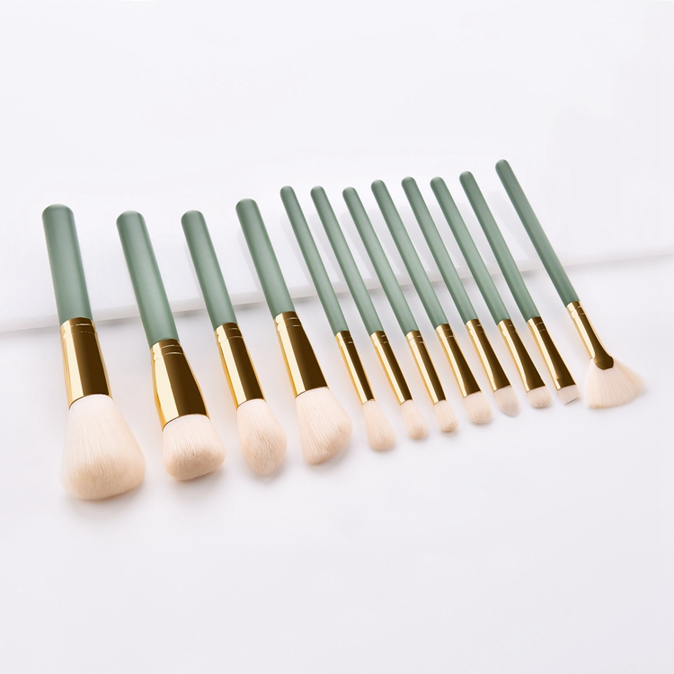 Private Label Low MOQ 12PCS Vegan Synthetic Hair Fresh Green Makeup Brush Set