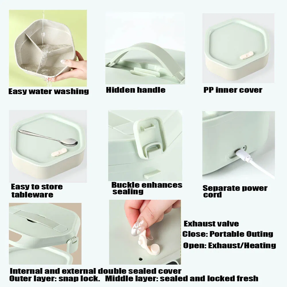 Electric Double Sealed Leak Proof & Food Grade Stainless Steel Heat 3 Interlayer Lunch Box 12/24/110/220V Portable Food Warmer with The Thermal Carry Bag for Ca