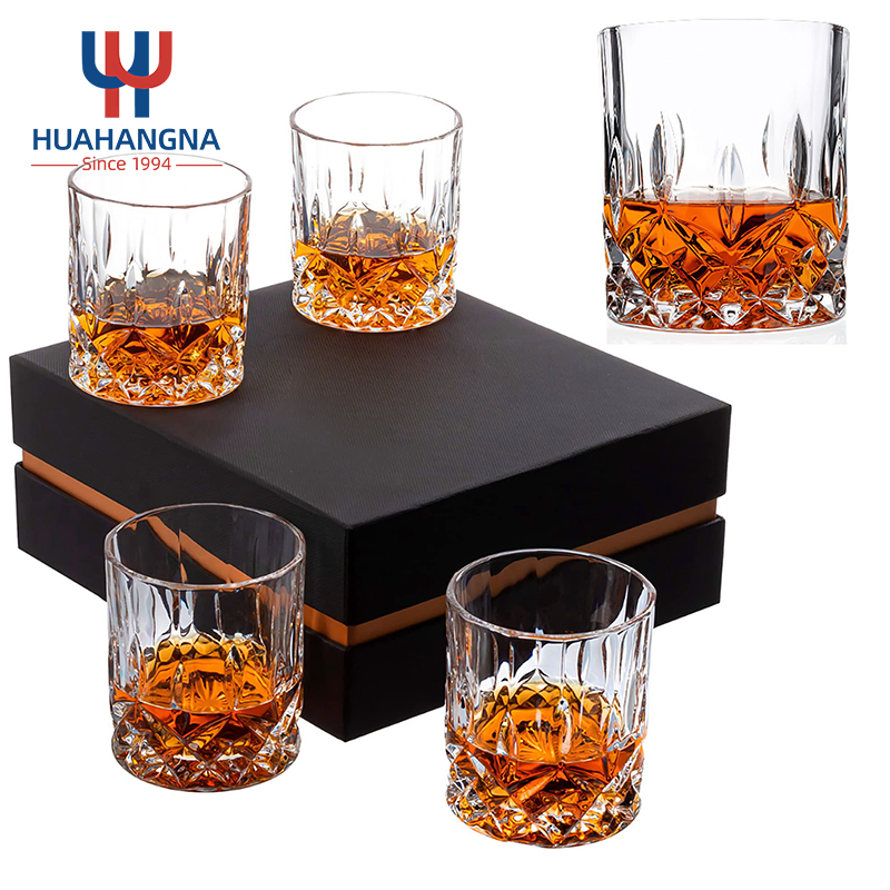 Huahang Old Fashioned Crystal Whiskey Glasses and Golf Ball Shaped Stainless Steel Whiskey Stones Gifts Set for Boss Husband