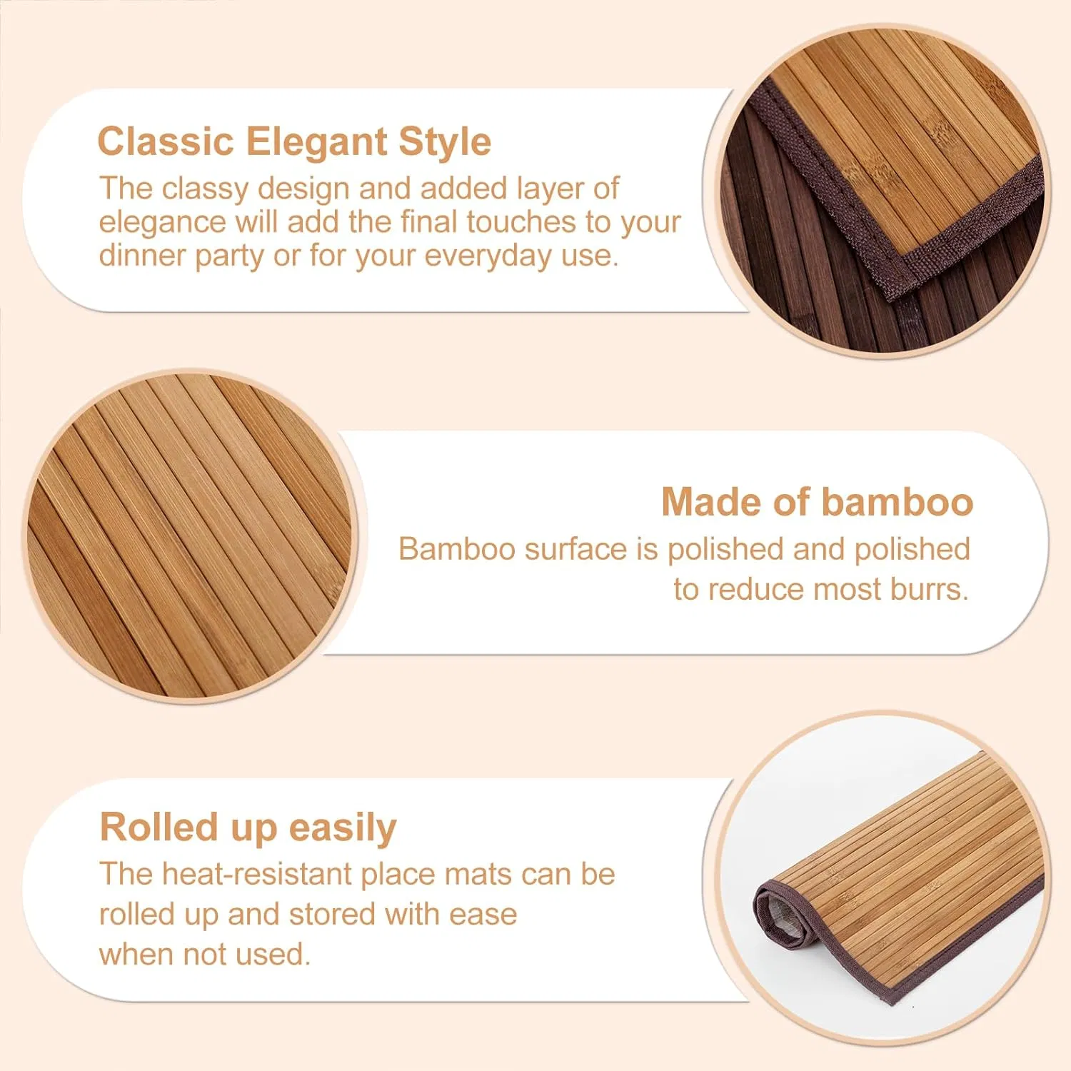 Natural Bamboo Table Matrectangular with Cloth Edge, Rollable Placemat for Dining