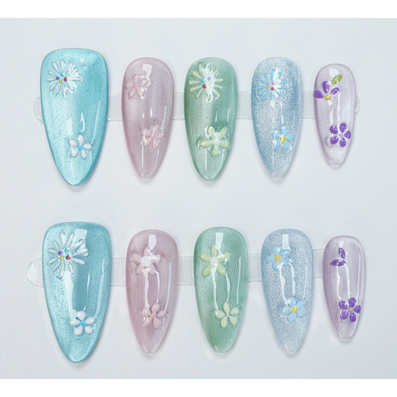 Elegant 3D Floral Press-on Nails with Crystal Accents