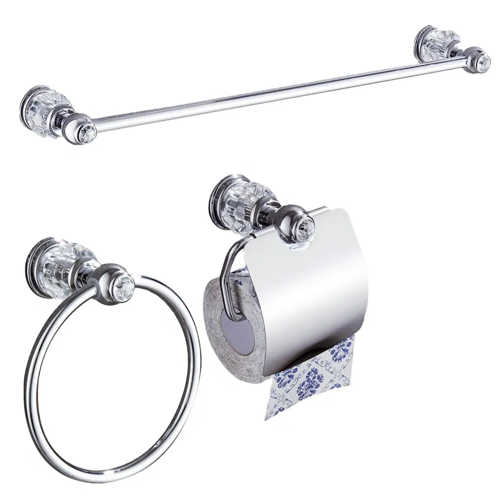 4 Piece Chrome Brass Bathroom Accessories Set European Bathroom Hardware Set Crystal Towel Bar Paper Holder Robe Hook Metal