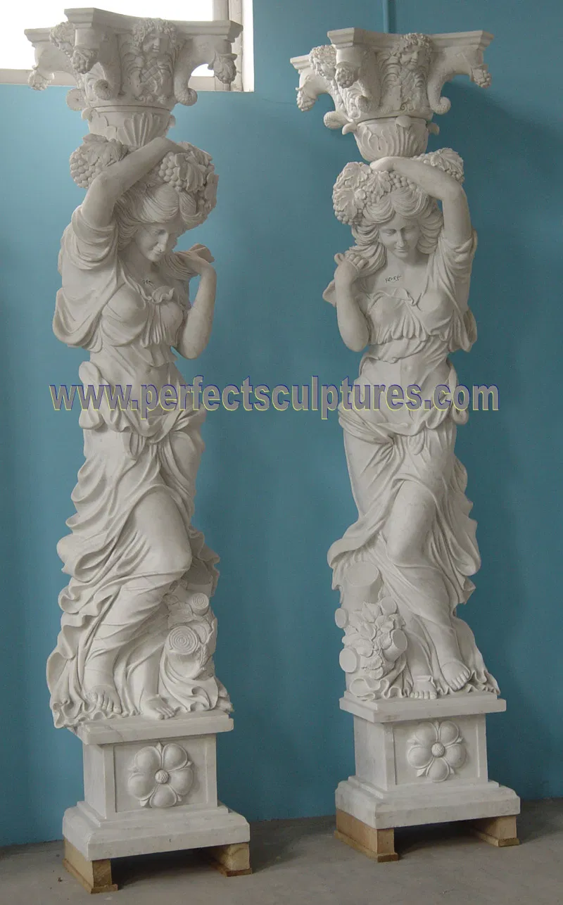 Outdoor Garden Ornament Luxury Decorative White Stone Pillars Carved Marble Column with Figure Statue (QCM258)