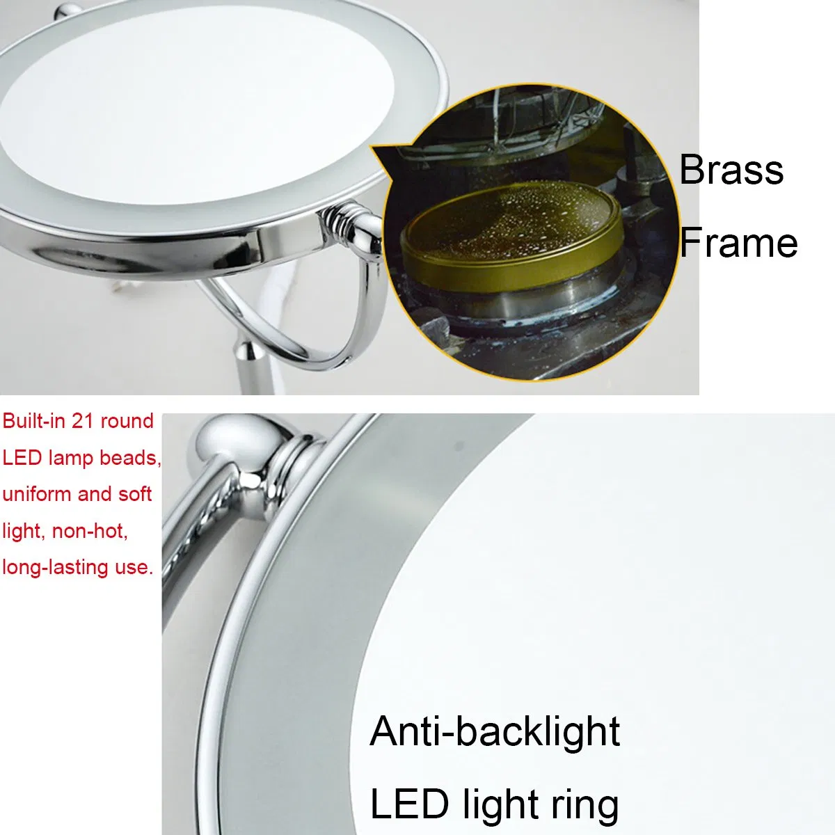 Aquacubic Modern Desktop Brass Frame Double Sided Makeup Mirror Waterproof Bathroom LED Makeup Mirror