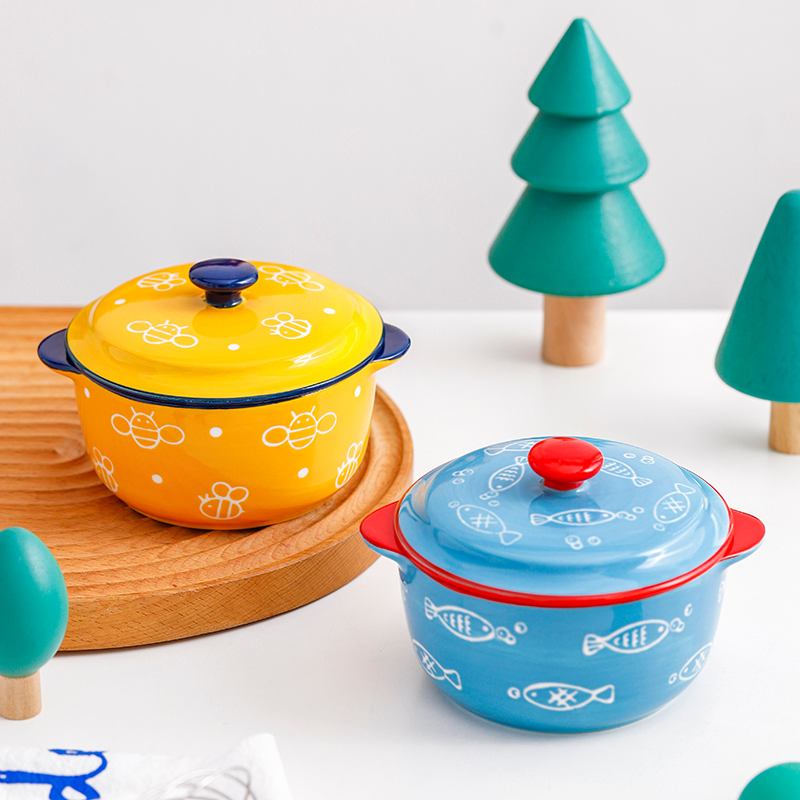 Children Tableware Hand Painted Small Stew Pot Ceramic Binaural Baking Soup Bowl