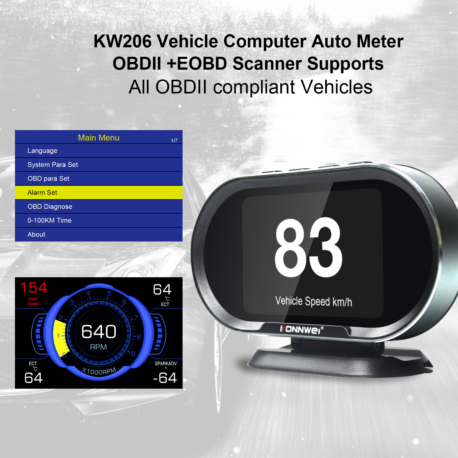 HUD дисплей OBD2 с датчиком температуры Konnwei KW206