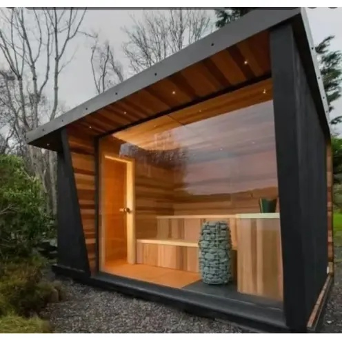 Готовая сауна для улицы с панорамным стеклом