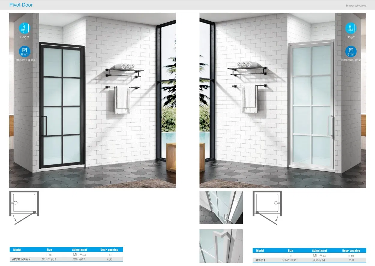 4mm 6mm 8mm 10mm Tempered Glass Shower Door for Shower Room