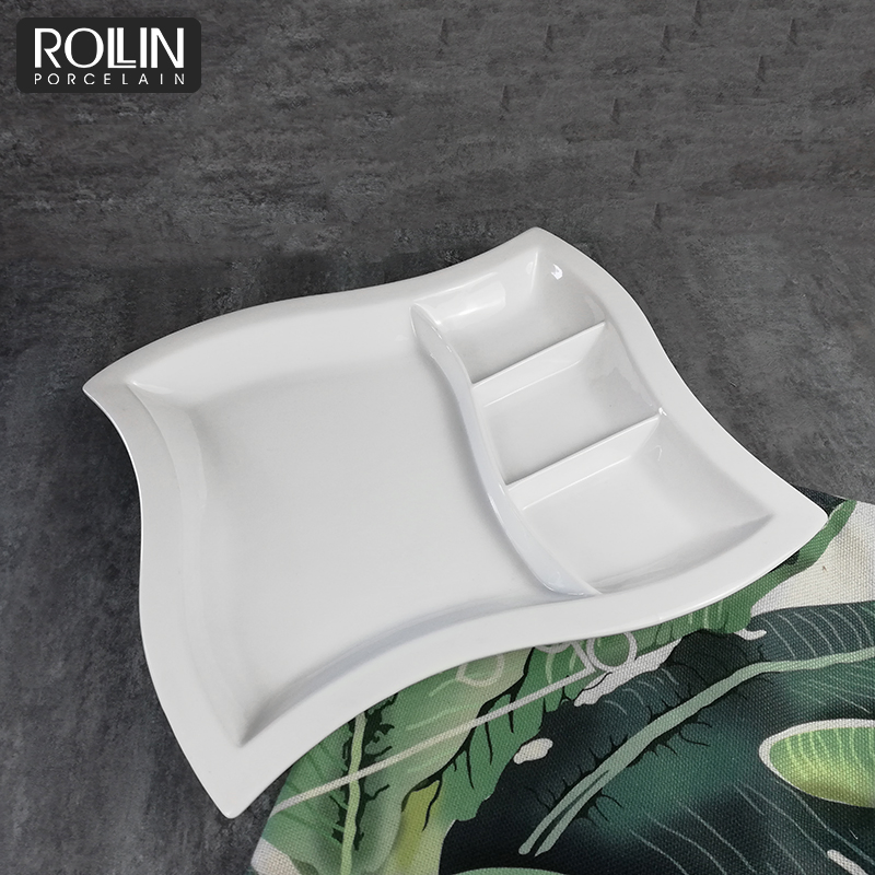 White Porcelain Divided Snack Plates for Hotels