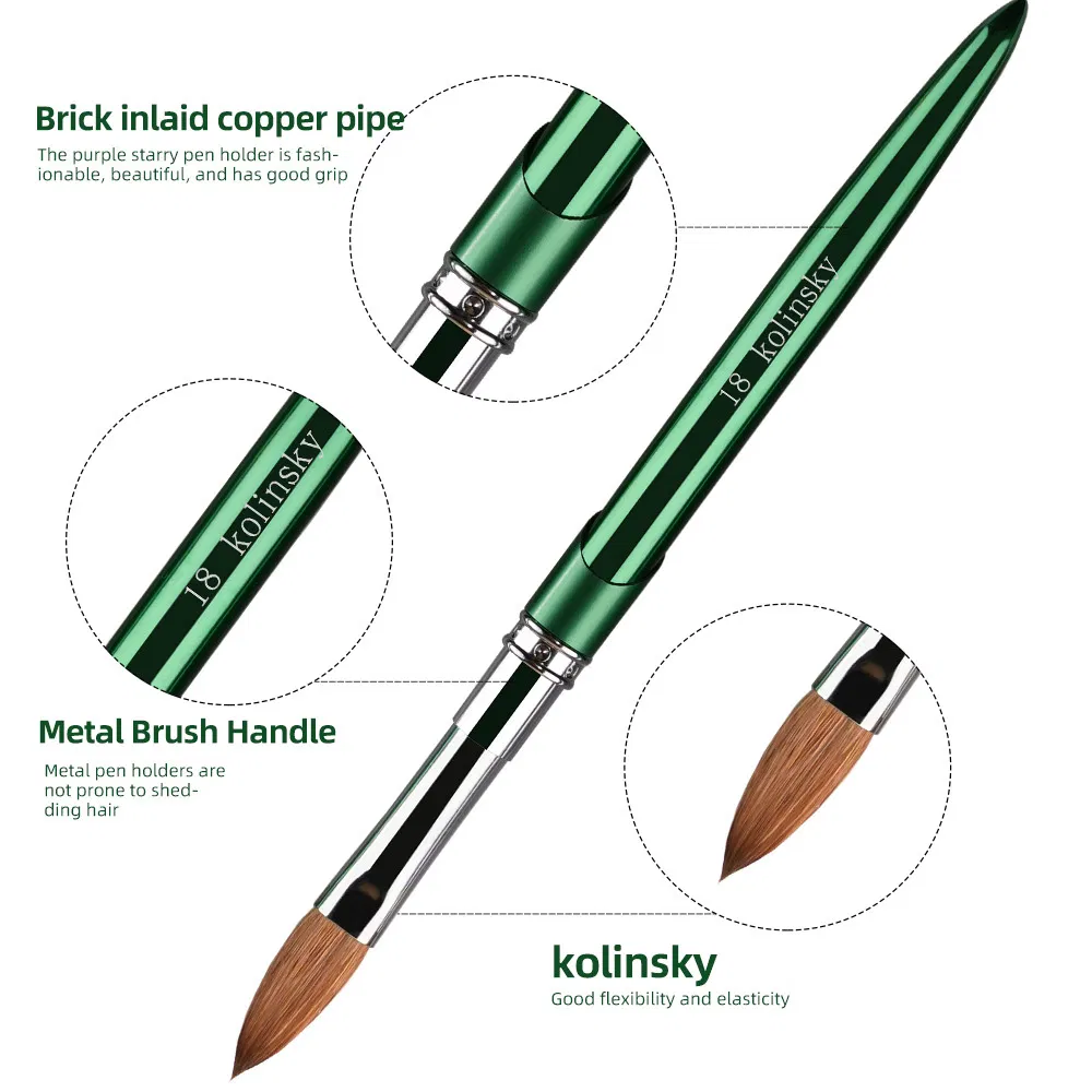 Acrylic Green Metal Handle Kolinsky Hair Nail Care Manicure Tool Cleaner Professional Nails Art Brush