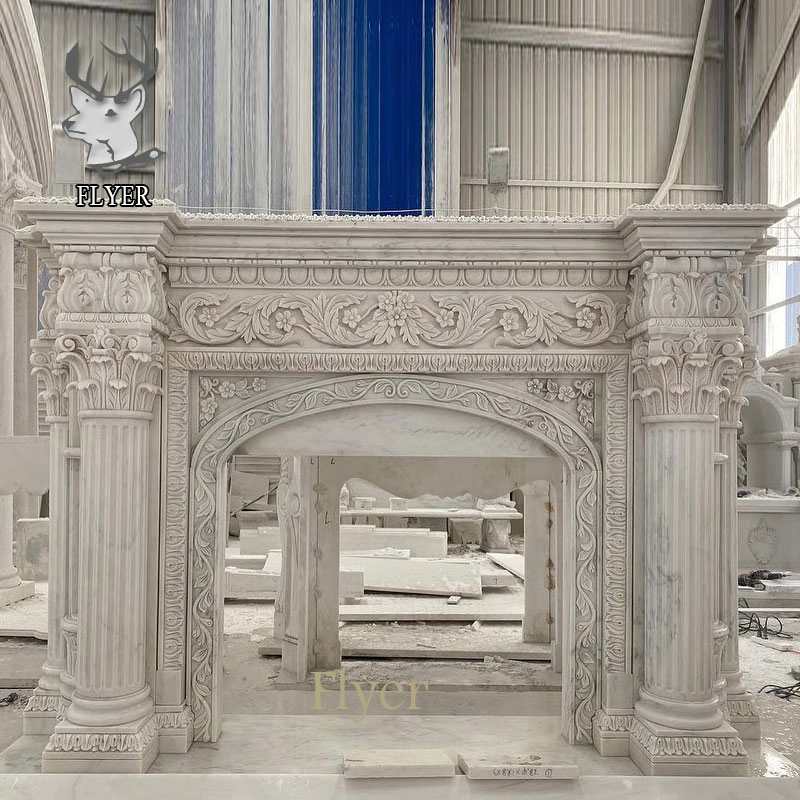 China Factory Wholesale Natural Marble Fireplace Mantel Surround with Stone Carving Flowers