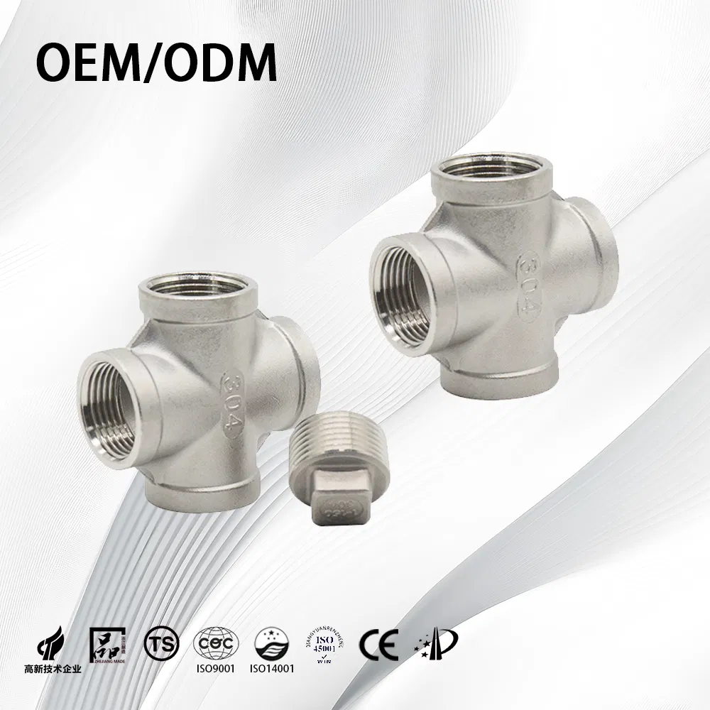 SS304/SS316L ASME B16.9 Customize Durable Seamless Thick-Walled NPT/Bsp Equal Cross with Sandblasting