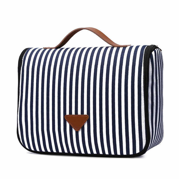 Customized Stripe Hand Canvas Waterproof Hanging Make up Organizer Bag