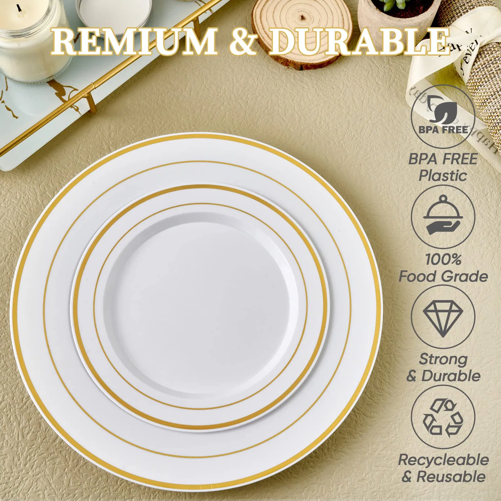 Wholesale Gold Plates Disposable Gold Rim Plastic Party Plates