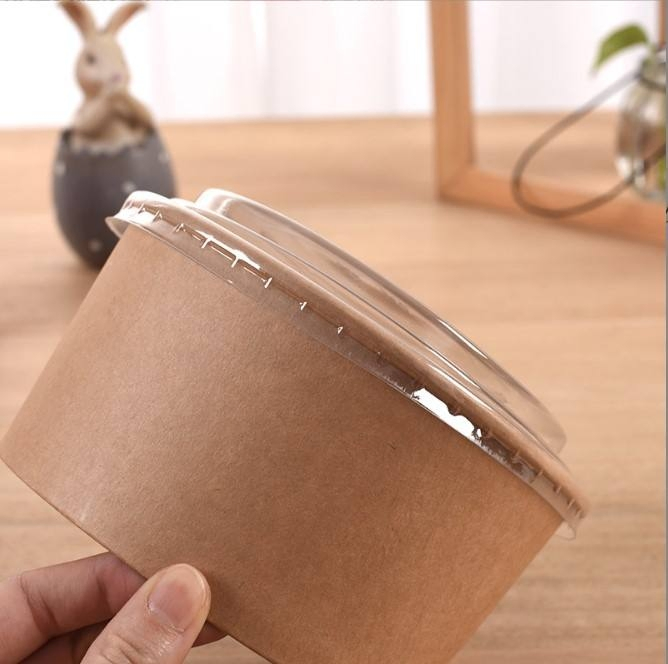 500ml 750ml 900ml Disposable Compostable Kraft Paper Soup Bowl Salad Takeaway Food Container Clear Lid Food Grade Eco-Friendly