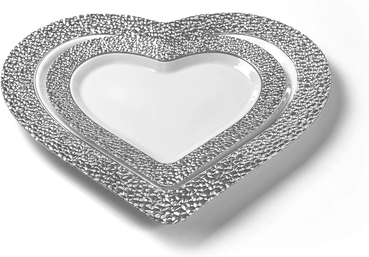 Heart Shaped Premium Plastic Dinner Plates 10 Inch White with Hammered Silver Rim