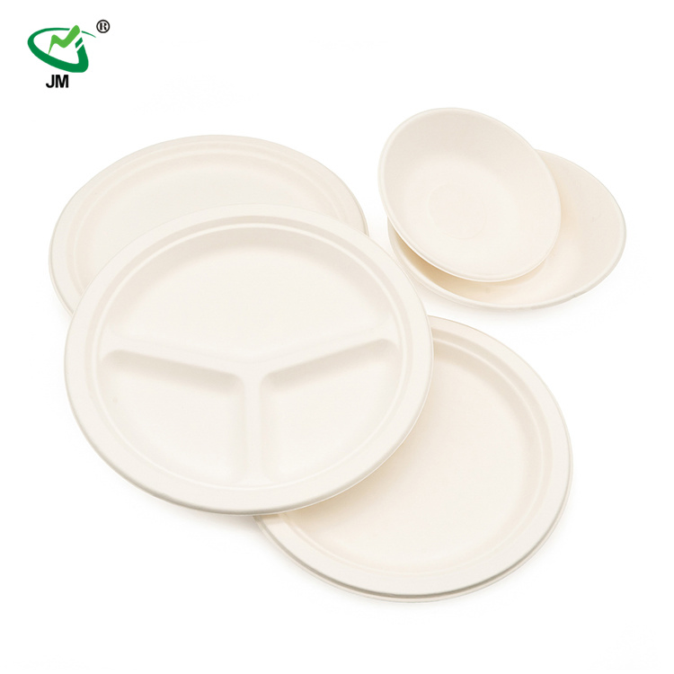 Eco-Friendly Party Wedding Dinner Plates Compostable 9 Inch 3 Compartment Round Disposable Plates