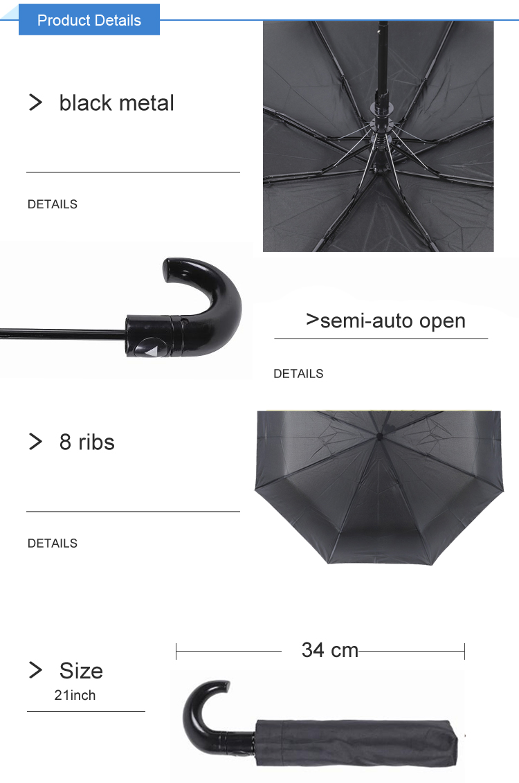 Folding Umbrella with Curved Handle for Man Basic Style in Black Color