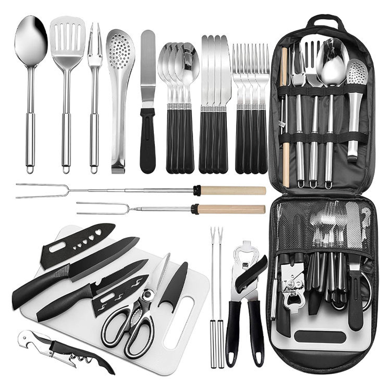 Camping Kitchen Utensil Set 27PCS Stainless Steel Grilling Organizer Cookware Kit