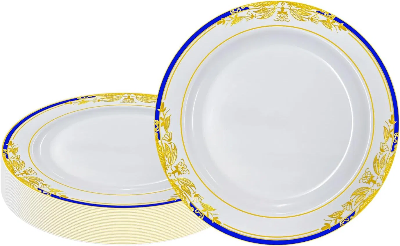 Elegant 7-Inch Disposable Plastic Plates with Floral Trim