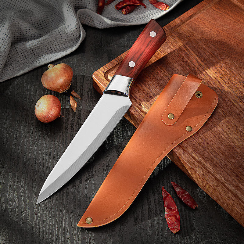 Professional Boning Knife with Leather Holster and Wood Grain Handle