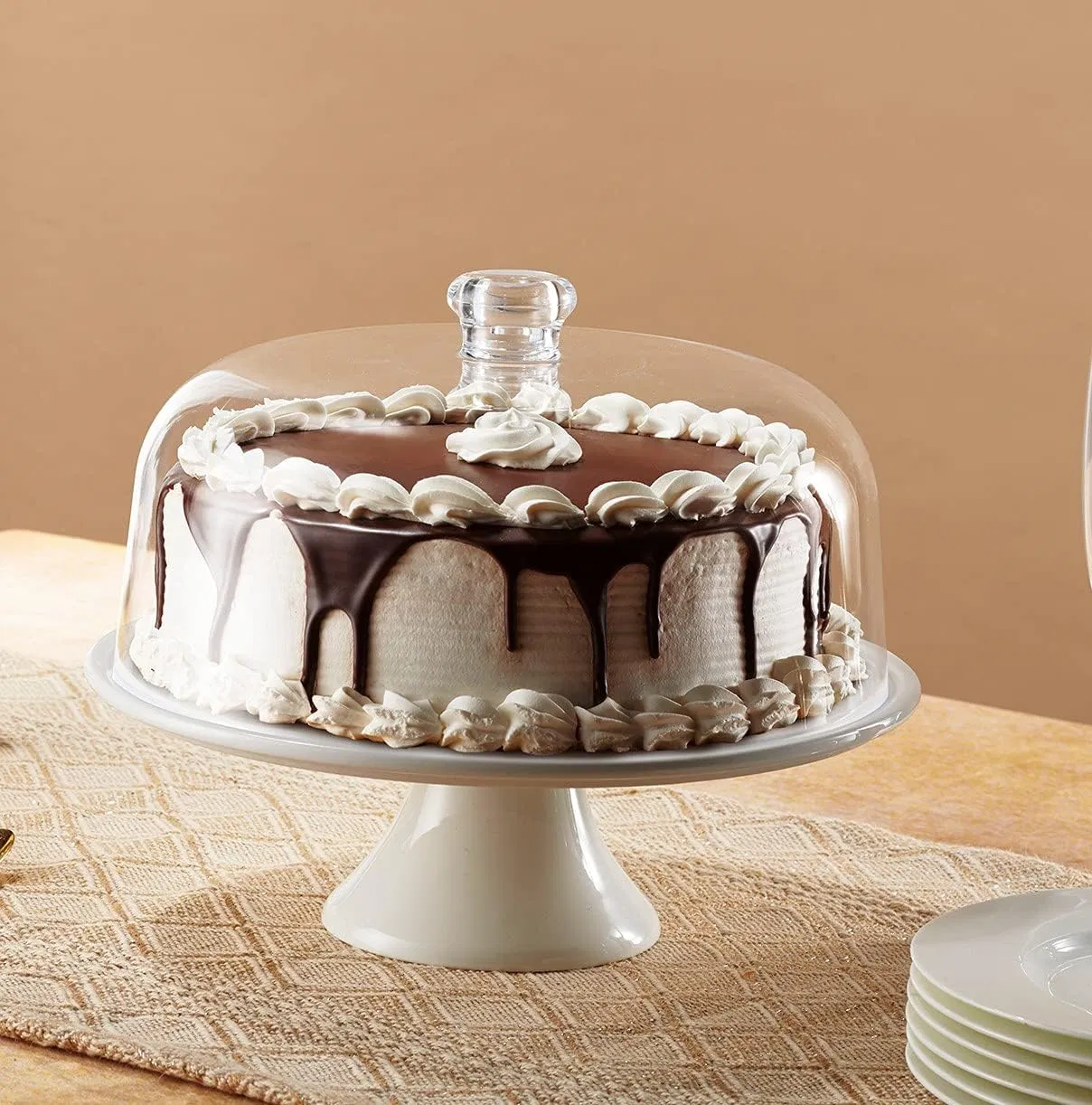 White Ceramic Footed Cake Plate Server Stand with Shatterproof Acrylic Dome Lid