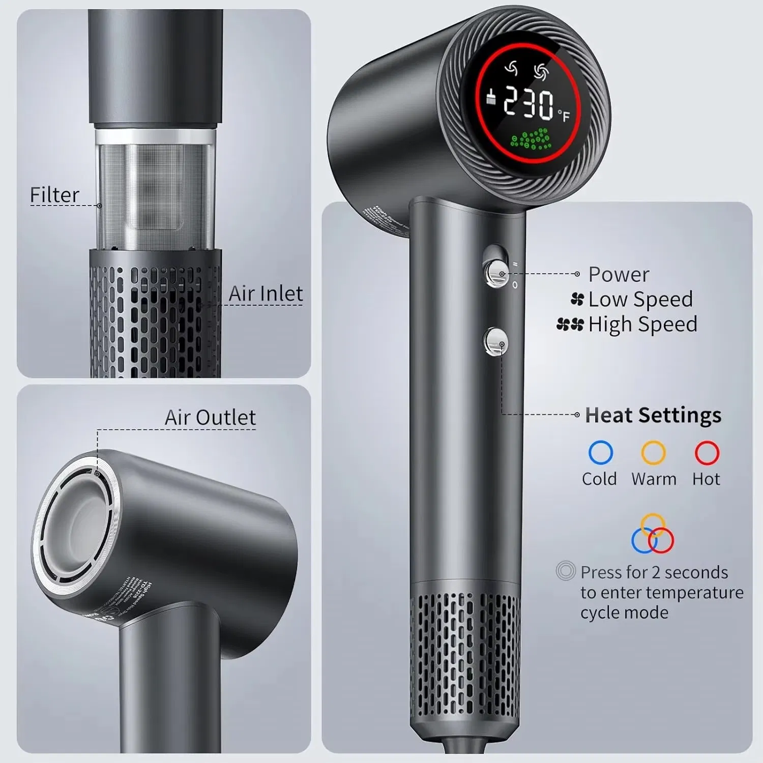 Compact High-Performance Hair Dryer Powerful 1600W Custom Logo Professional LCD Display AC Motor Blow Hair Dryer Machine for Convenient and Quick Drying