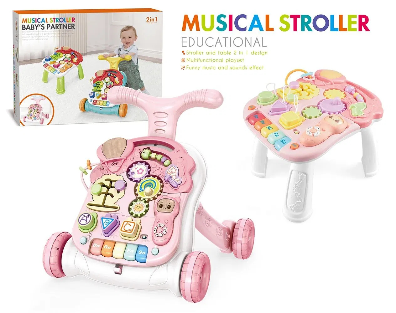 New 5 in 1 Multifunctional Funny Music Sound Effect Toddler Learning Table Adjustable Baby Strollers Walker