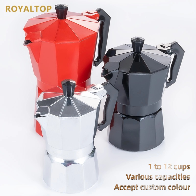 Suppliers Silver Black Red Custom Octagonal Moka Pot Steam Percolator Portable Coffee Maker for Kitchen Gas Stove
