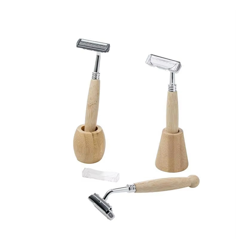 Premium Bamboo Hanheld Safety Razor with 3 Blades - Custom Logo, Wooden Handle for Men, Disposable & Hotel Use