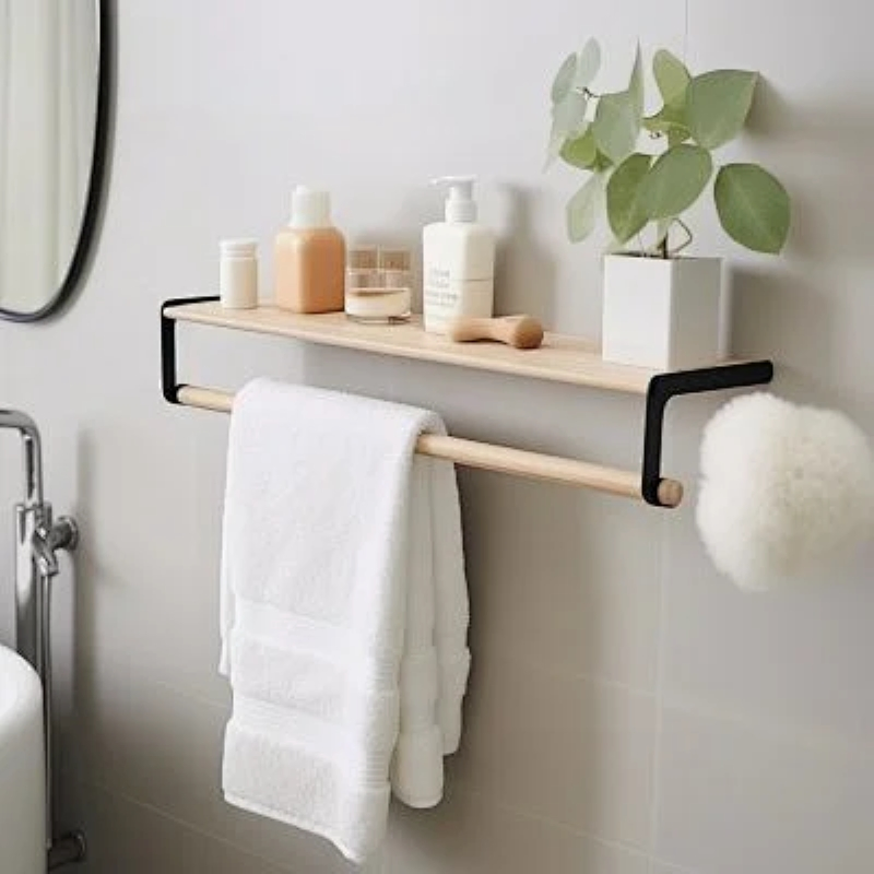 Bathroom No Drilling Plastic Wall Mounted Storage Box Stainless Steel Towel Holder Self-Adhesive Towel Rail Single Rod Paper Towel Rack