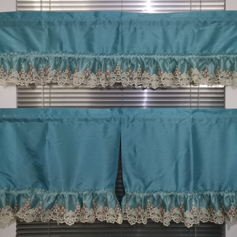 Home Decor 3PCS Valance with Tiers Kitchen Curtain Set – Polyester Digital Print Lace Trim Kitchen Curtain