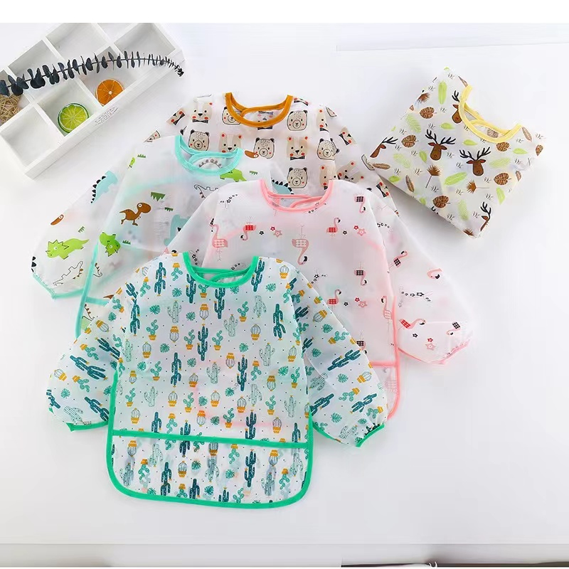 Long Sleeves Bibs Plain Kids Painting Baby Feeding Aprons Plastic Baby Eating Apron with Food Catcher