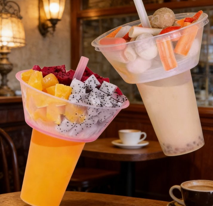 Disposable PP Takeaway Snack and Drink Plastic Cup with Straw and Snack Tray Bowl for Fruit