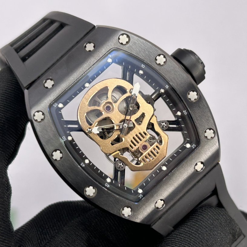 RM52-01 Series, Black & Gold Skeleton Skull, Tonneau Case Automatic Mechanical Men's Watch