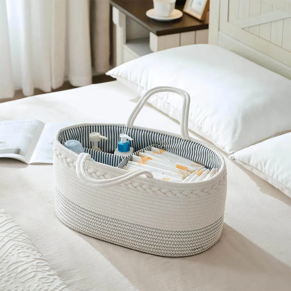 Baby Diaper Caddy Organizer Portable Nursery Cotton Rope Storage Basket with Changeable Compartments
