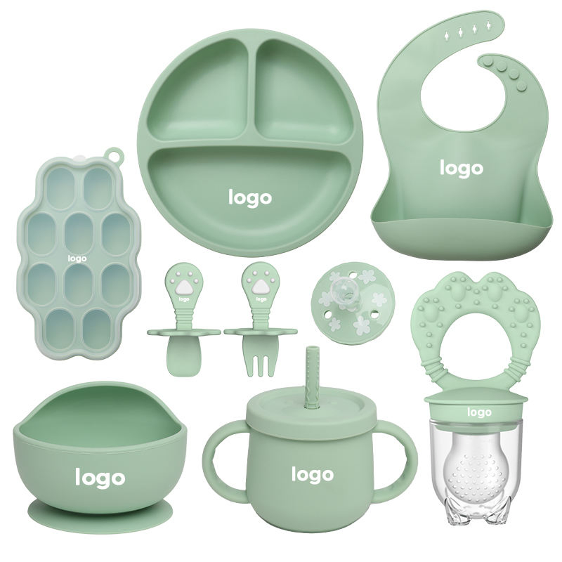Kids Dining Set Bibs Plates Bowls Spoons Baby Feeding Silicone Tableware Set