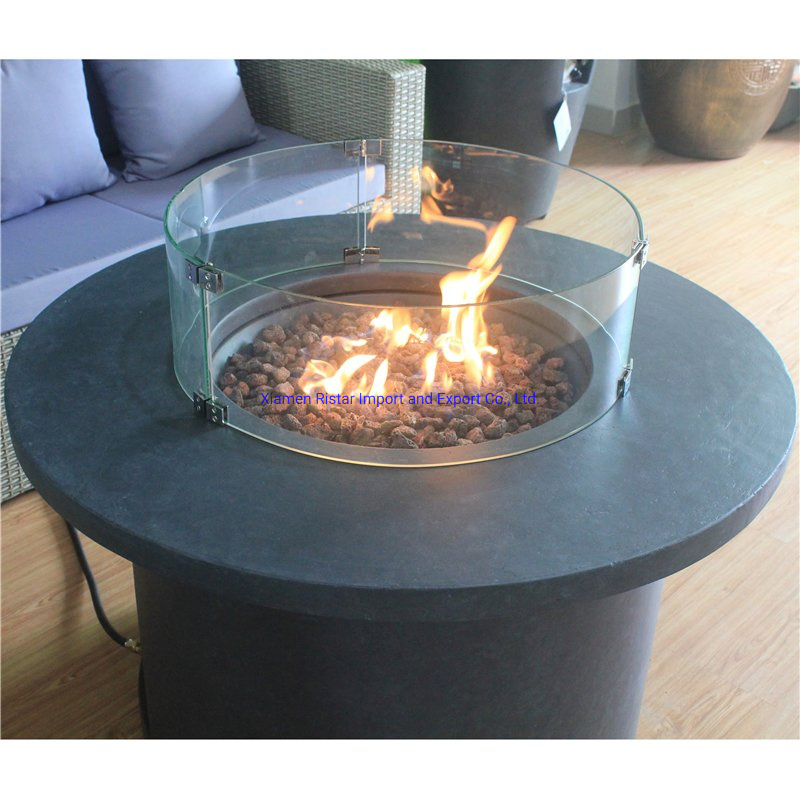 Concrete Top Dining Table Gas Storage Fire Pit Table Match with Tempered Glass Wind Guard
