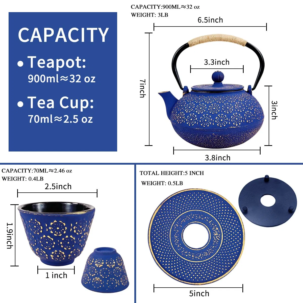 32 Oz 6 Piece Set Japanese Cast Iron Teapot Set Japanese Tetsubin Kettle Set with Infuser, 4 Teacups, Cap Lifter and Trivet