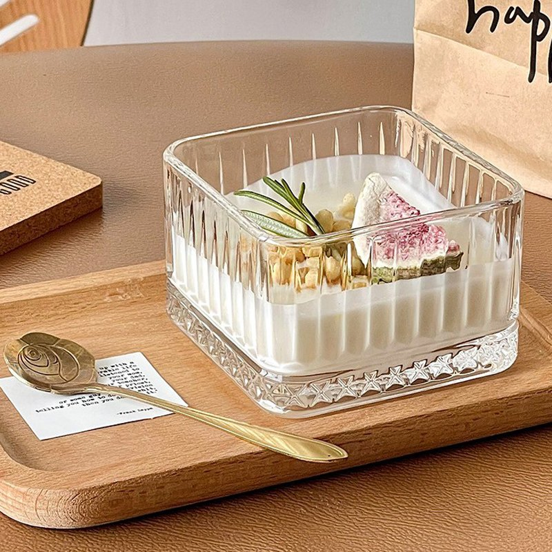 Glass Bowl Stripe Rhombus Pattern Square Shape Bowl Dessert Bowl Breakfast Bowl